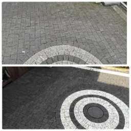 Porównanie kostki brukowej przed i po czyszczeniu: górna część - szara, zabrudzona, z liśćmi; dolna część - czarna, czysta, z białym wzorem okręgów.
