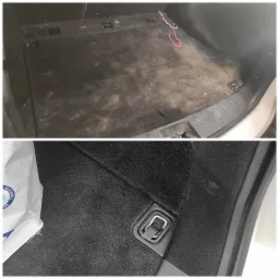 Porównanie stanu bagażnika samochodowego przed i po czyszczeniu tapicerki, widoczne różnice w kolorze i usunięte zabrudzenia na dywaniku.