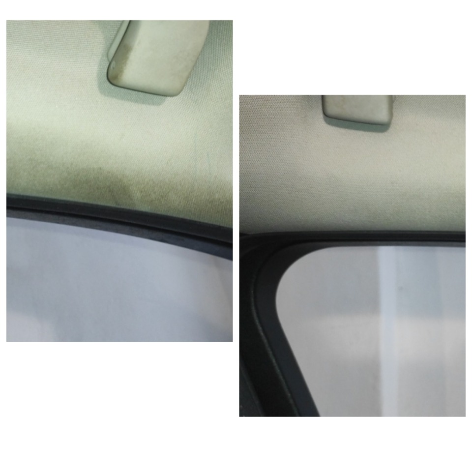 Dwa ujęcia podsufitki samochodu: po lewej stronie widoczny fragment z wyraźnymi plamami i zabrudzeniami, po prawej - czysty fragment podsufitki po czyszczeniu.