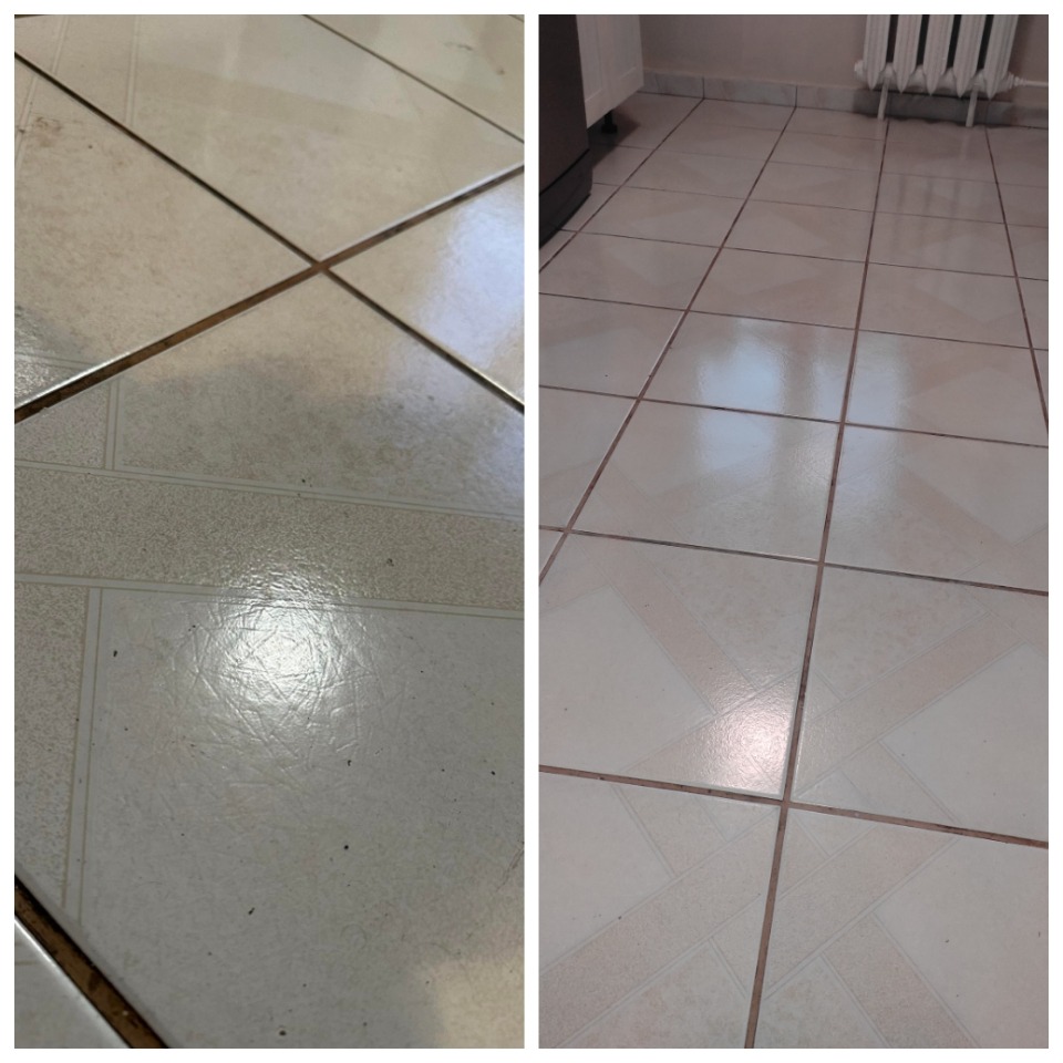 Porównanie płytek podłogowych przed i po czyszczeniu, widoczne różnice w zabrudzeniach fug i ogólnym połysku.