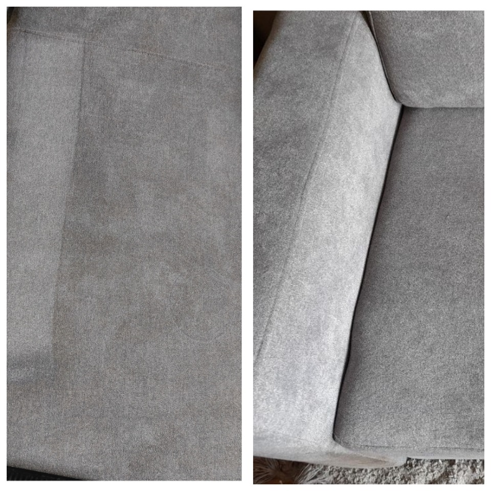 Porównanie: fragment szarej sofy przed i po czyszczeniu, widoczna wyraźna różnica w odcieniu i usunięcie plam.