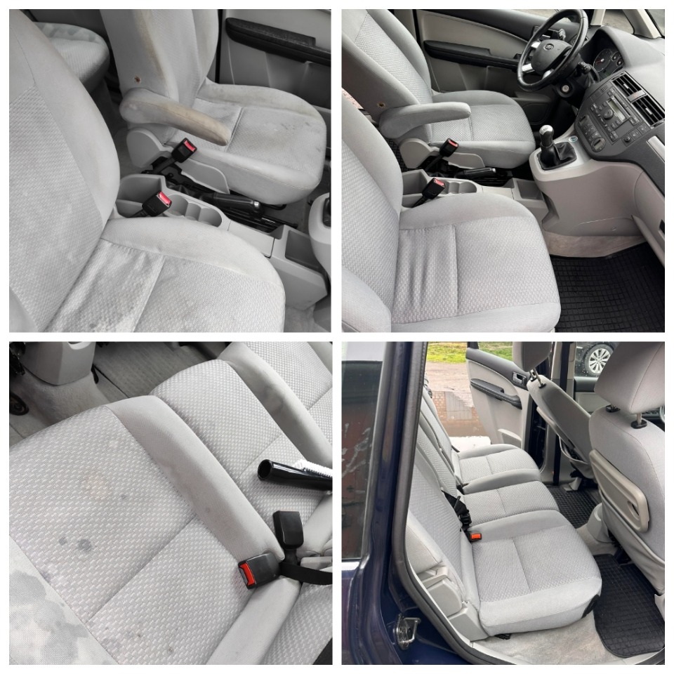 Cztery kadry przedstawiające wnętrze samochodu przed i po czyszczeniu tapicerki, z widocznymi plamami na jasnoszarych siedzeniach i dywanikach oraz efektem odświeżenia po zabiegu.