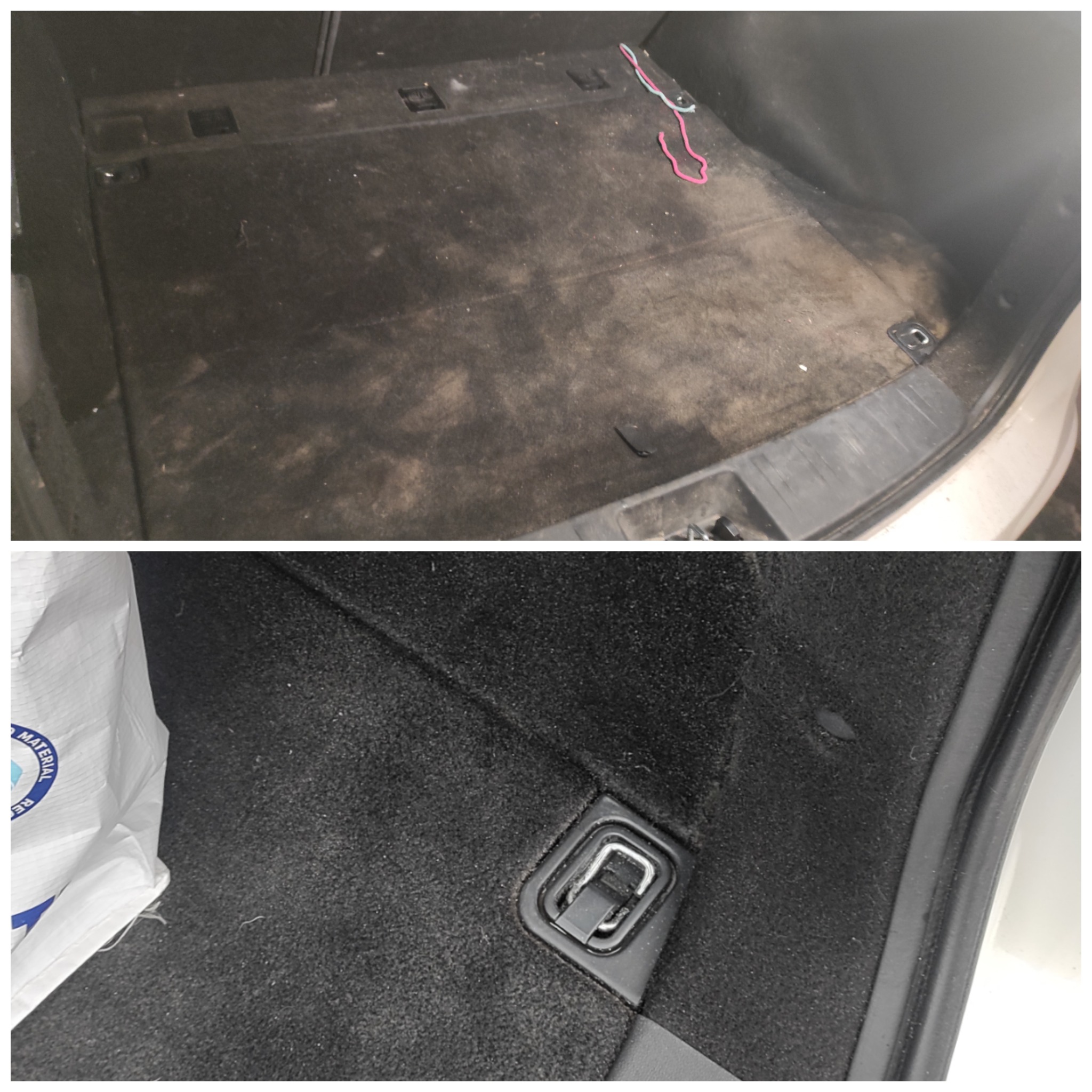 Porównanie stanu bagażnika samochodowego przed i po czyszczeniu tapicerki, widoczne różnice w kolorze i usunięte zabrudzenia na dywaniku.