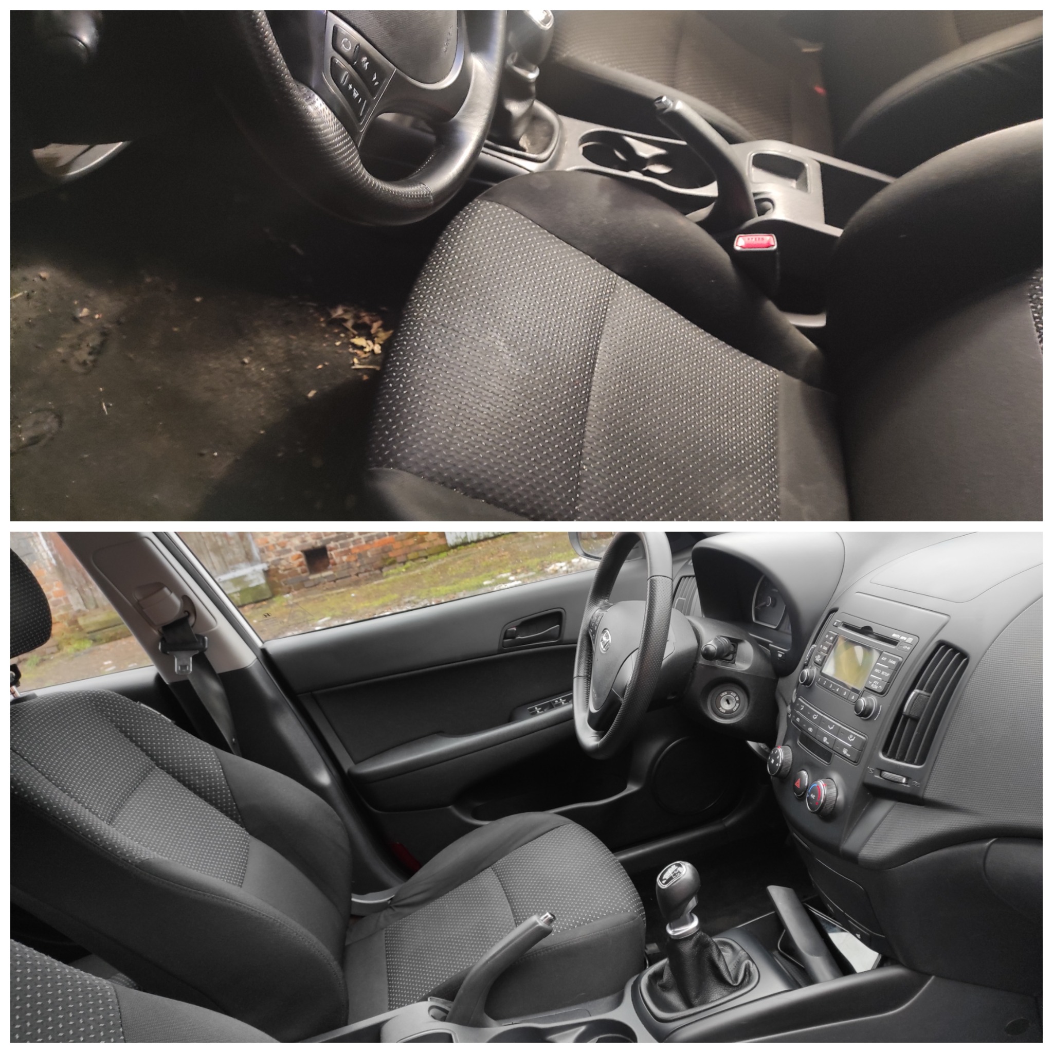 Dwuobrazkowy kolaż wnętrza samochodu: górny obraz przedstawia brudną podłogę i fotel kierowcy, dolny obraz ukazuje czyste wnętrze, deskę rozdzielczą i fotel pasażera.