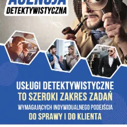 Grafika reklamowa: mężczyzna w kapeluszu detektywa z lupą, fajką i muszką, prezentująca usługi detektywistyczne, z miniaturami zdjęć przedstawiających różne sceny, w tym fotografia z ukrycia...