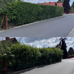 Twój Ogrodnik - Zdjęcie przed i po przycięcia żywopłotu, ukazujące różnicę w jego wyglądzie i kształcie. Widoczna ulica i zabudowania w tle.