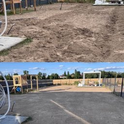 Twój Ogrodnik - Zdjęcie 'przed i po' wyrównania terenu pod ogród z placem zabaw. W tle widoczne elementy architektury ogrodowej i zabudowa jednorodzinna.