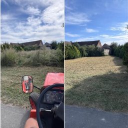 Twój Ogrodnik - Porównanie: Zarośnięty teren przed i po koszeniu. Widok z perspektywy operatora kosiarki traktorka. Budynki w tle.