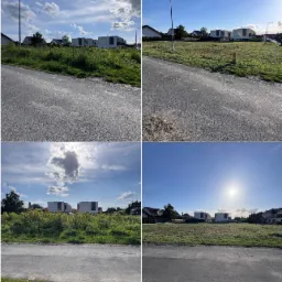 Kompozycja czterech ujęć terenu przed i po wykoszeniu trawy, prezentująca różnicę w wyglądzie działki. Widoczne budynki w tle.