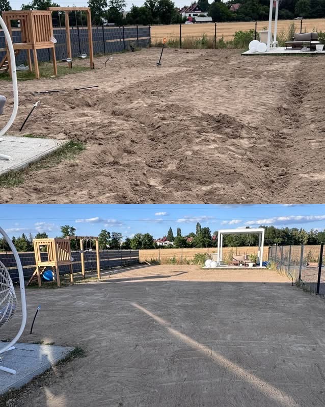 Zdjęcie 'przed i po' wyrównania terenu pod ogród z placem zabaw. W tle widoczne elementy architektury ogrodowej i zabudowa jednorodzinna.