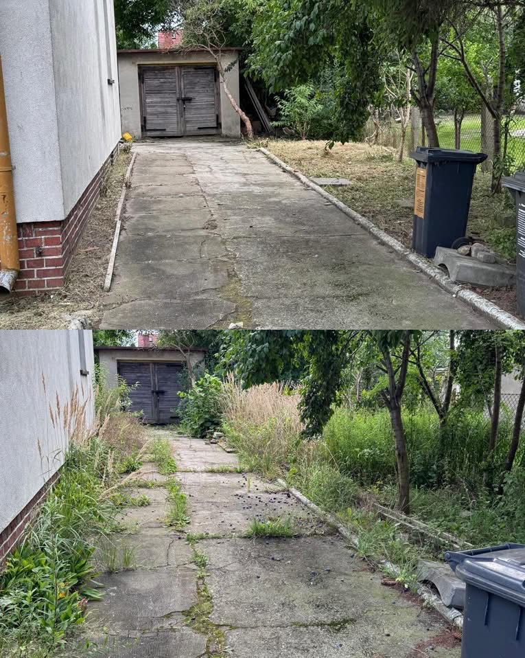 Zdjęcie 'przed i po' czyszczenia betonowej ścieżki prowadzącej do garażu. Na górnym kadrze ścieżka jest czysta, a na dolnym zarośnięta trawą i chwastami.
