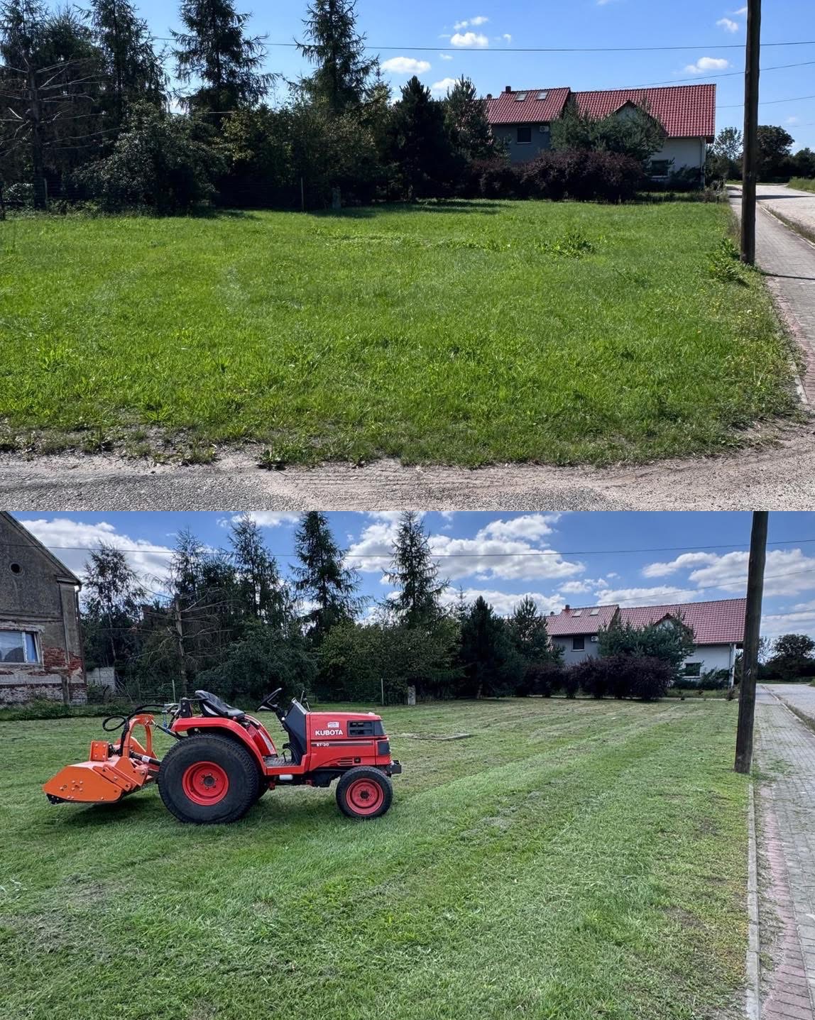 Zdjęcie 'przed i po' koszenia trawy na działce. Na dole czerwony traktor Kubota. Skoszona trawa w równych pasach. Trawa przed koszeniem wysoka i zaniedbana.
