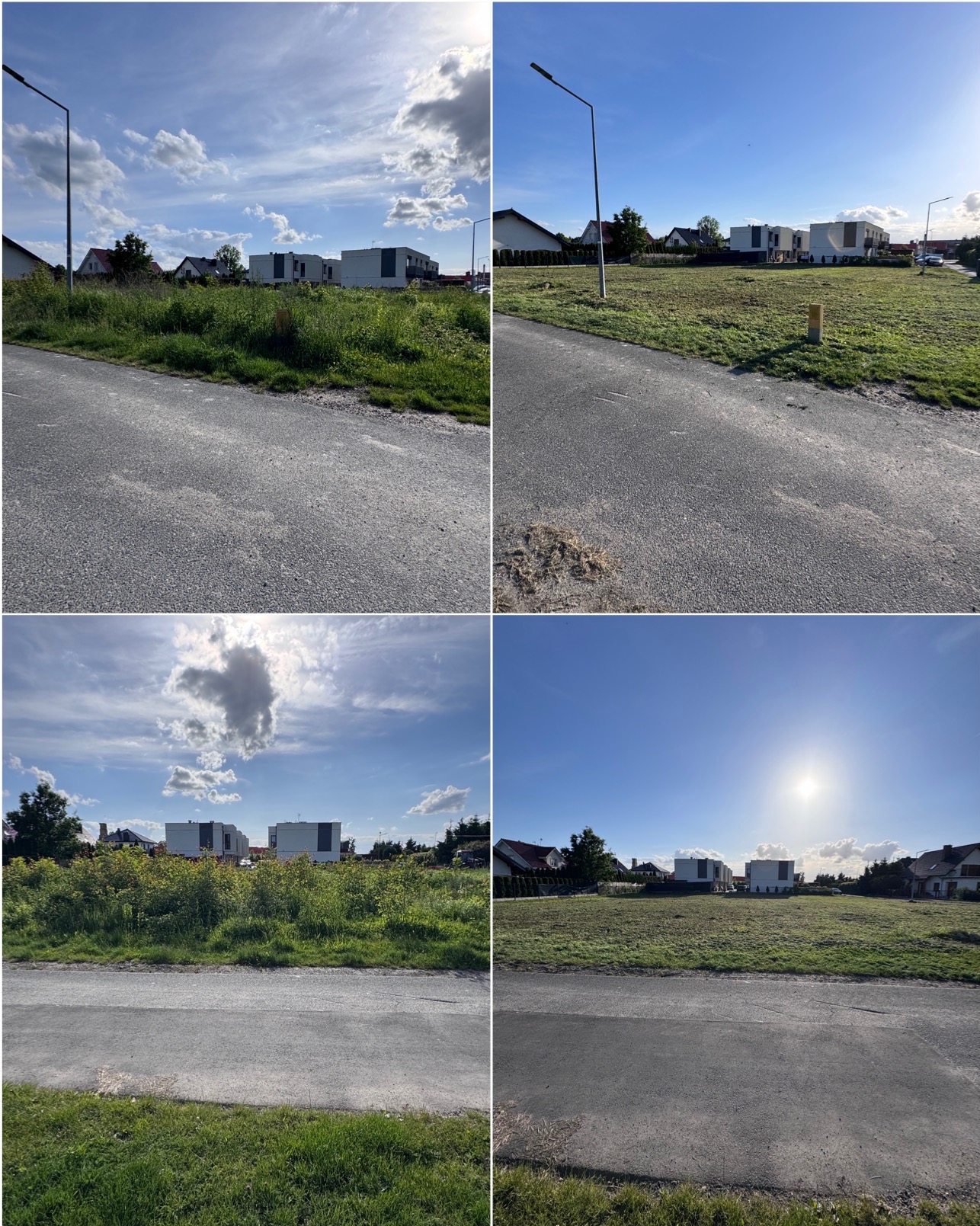 Kompozycja czterech ujęć terenu przed i po wykoszeniu trawy, prezentująca różnicę w wyglądzie działki. Widoczne budynki w tle.