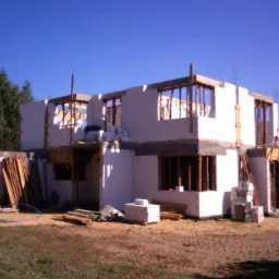 Budowa domu: wzniesione ściany z pustaków, drewniane szalunki okienne, materiały budowlane na placu. Widok na dwukondygnacyjny budynek w stanie surowym otwartym.