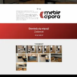 Strona internetowa firmy meblarskiej prezentująca realizacje mebli kuchennych na wymiar, z widoczną nawigacją i galerią zdjęć.