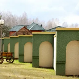 Długi, zielono-beżowy mur z łukowatymi wnękami, biegnący wzdłuż trawnika, z widocznym fragmentem domu w tle i ozdobnym wózkiem z drewnianymi kołami po lewej stronie.