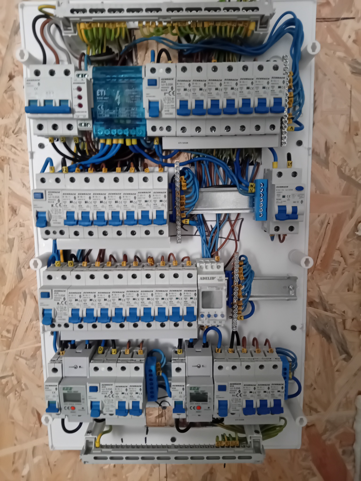 Rozdzielnica elektryczna z zainstalowanymi bezpiecznikami, zabezpieczeniami różnicowoprądowymi i przewodami ułożonymi w skrzynce na drewnianym tle