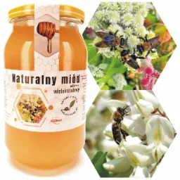 Słoik nektarowego miodu wielokwiatowego z etykietą, obok kolaż z pszczołami zbierającymi nektar z różnych kwiatów.