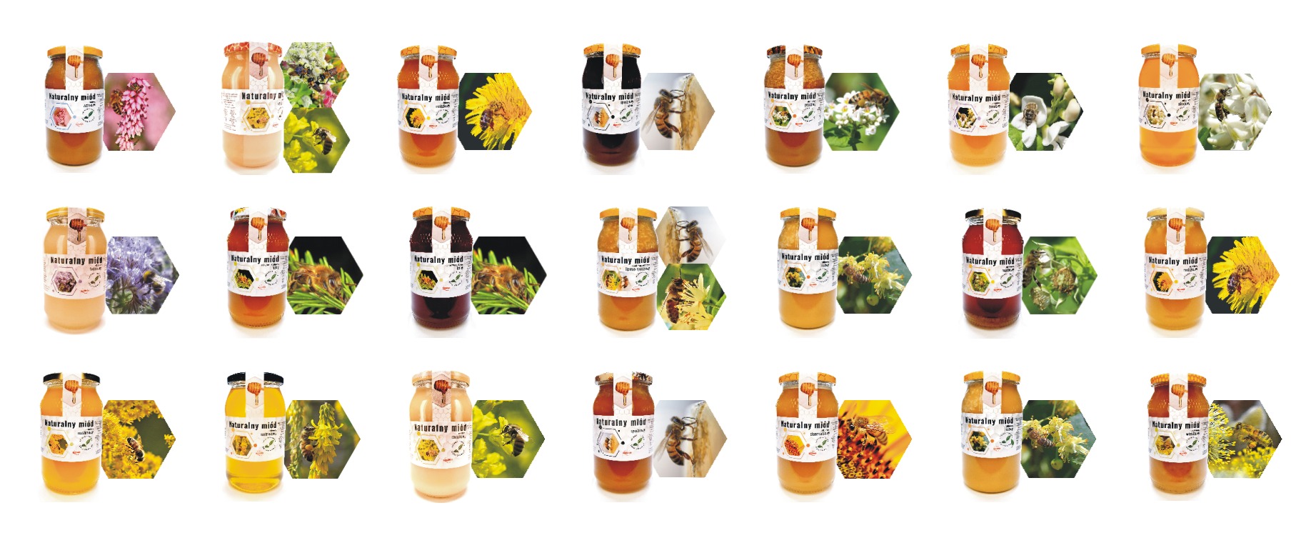 Zestaw kilkunastu słoików z miodem różnego rodzaju, każdy z etykietą 'Naturalny miód' i heksagonalnym zdjęciem kwiatu z pszczołą, na białym tle.
