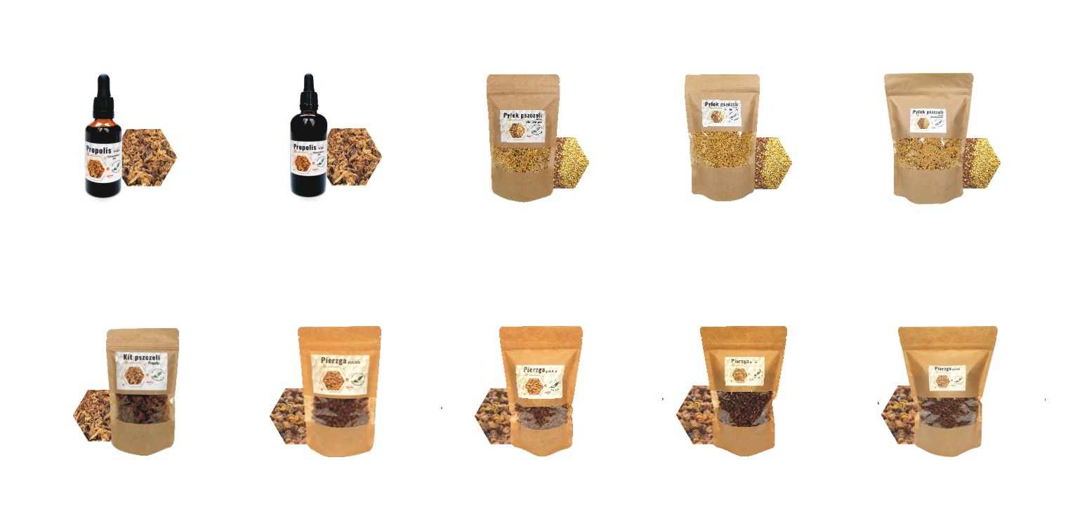 Zestaw produktów pszczelich: dwie butelki z ciemnego szkła z etykietą 'Propolis', obok nich brązowe kawałki propolisu, oraz kraftowe torebki z pyłkiem pszczelim, kitem pszczelim i pierzgą, każda...