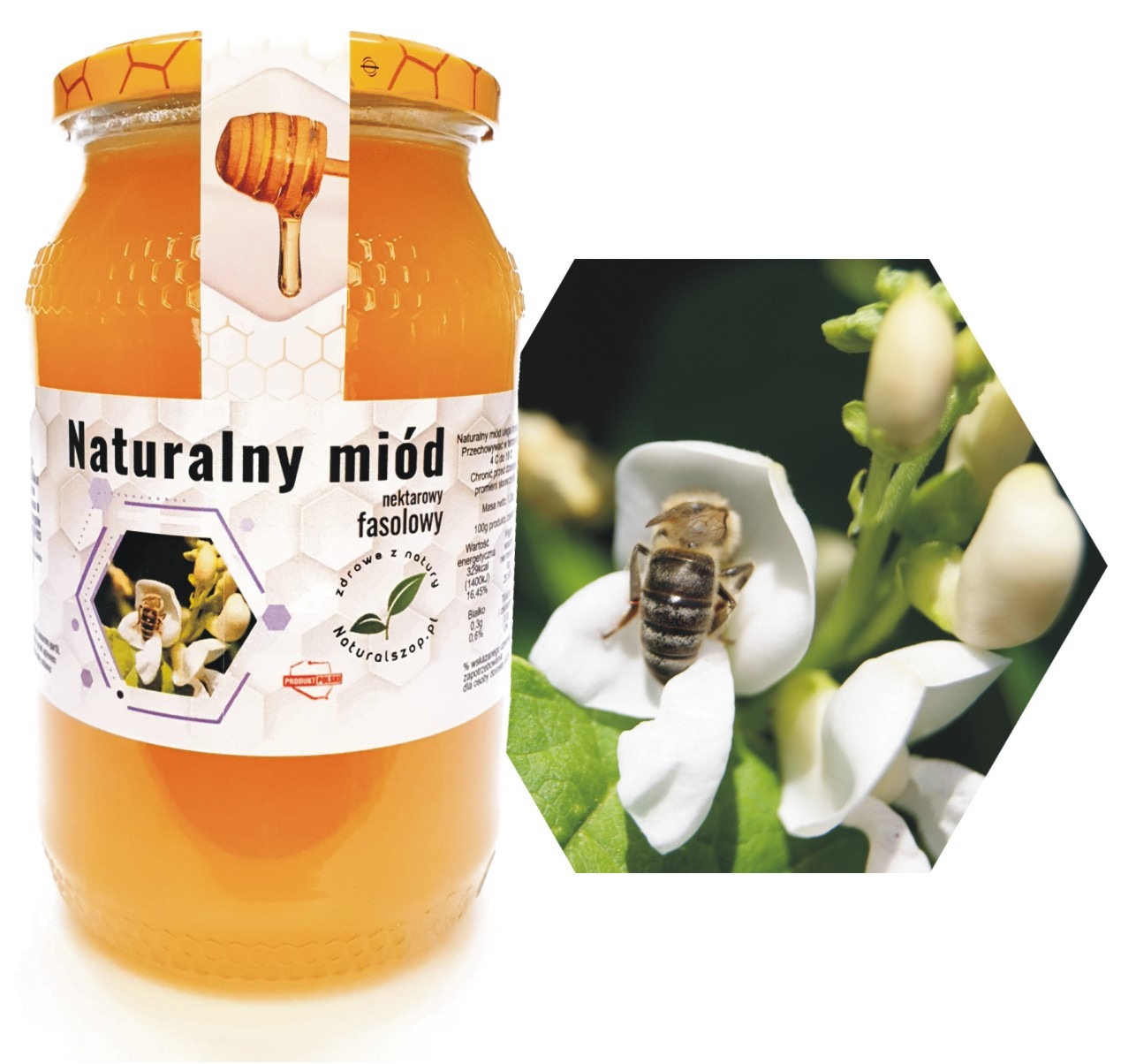Słoik nektarowego miodu fasolowego z etykietą, obok zbliżenie pszczoły zbierającej nektar z białego kwiatu fasoli.