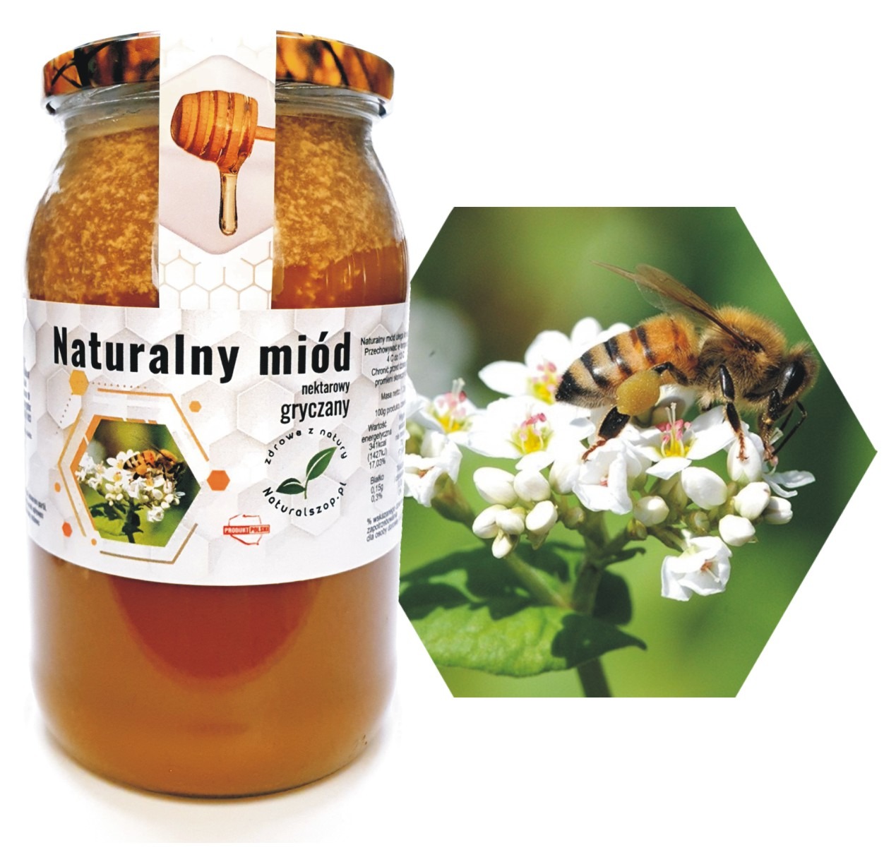 Słoik miodu gryczanego z etykietą, na której widnieje pszczoła zbierająca nektar z kwiatów gryki, umieszczona w heksagonalnej ramce. Obok słoika wykadrowane zdjęcie pszczoły na kwitnącej gryce.