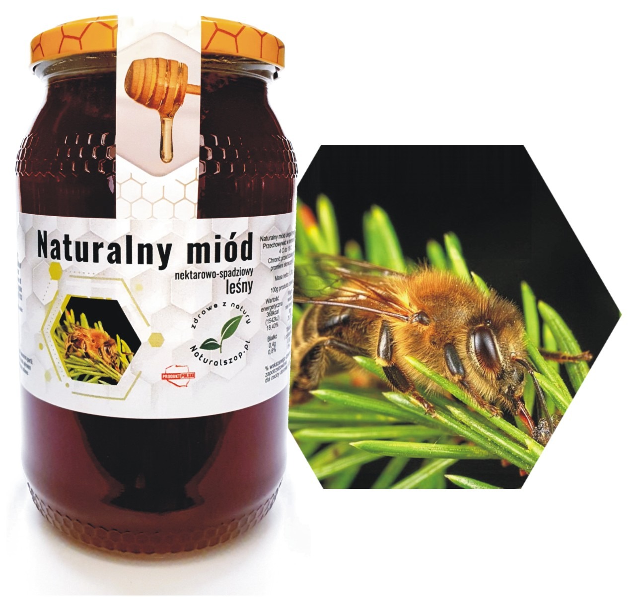 Słoik leśnego miodu nektarowo-spadziowego z etykietą, obok wstawka z pszczołą na igliwiu na czarnym tle.