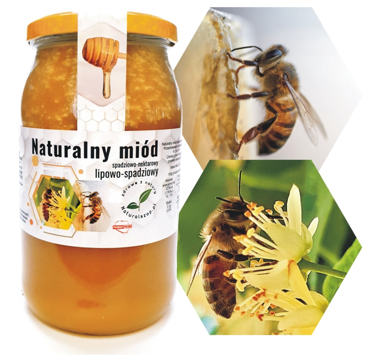 Słoik naturalnego miodu lipowo-spadziowego z etykietą prezentującą pszczoły zbierające nektar i drewniany nabierak do miodu, w tle kolaż z powiększonymi zdjęciami pszczół na plastrze miodu i...