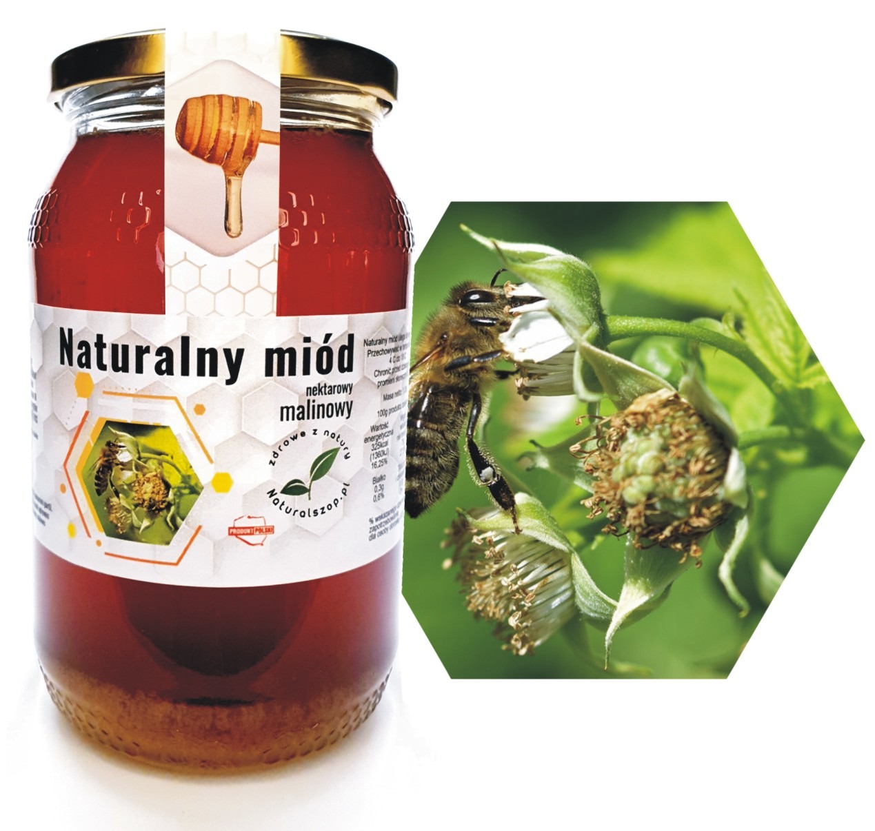 Słoik z naturalnym miodem malinowym z etykietą, na której widnieje pszczoła zbierająca nektar z kwiatu maliny, dodatkowo obok w heksagonie powiększone ujęcie pszczoły na kwiecie.