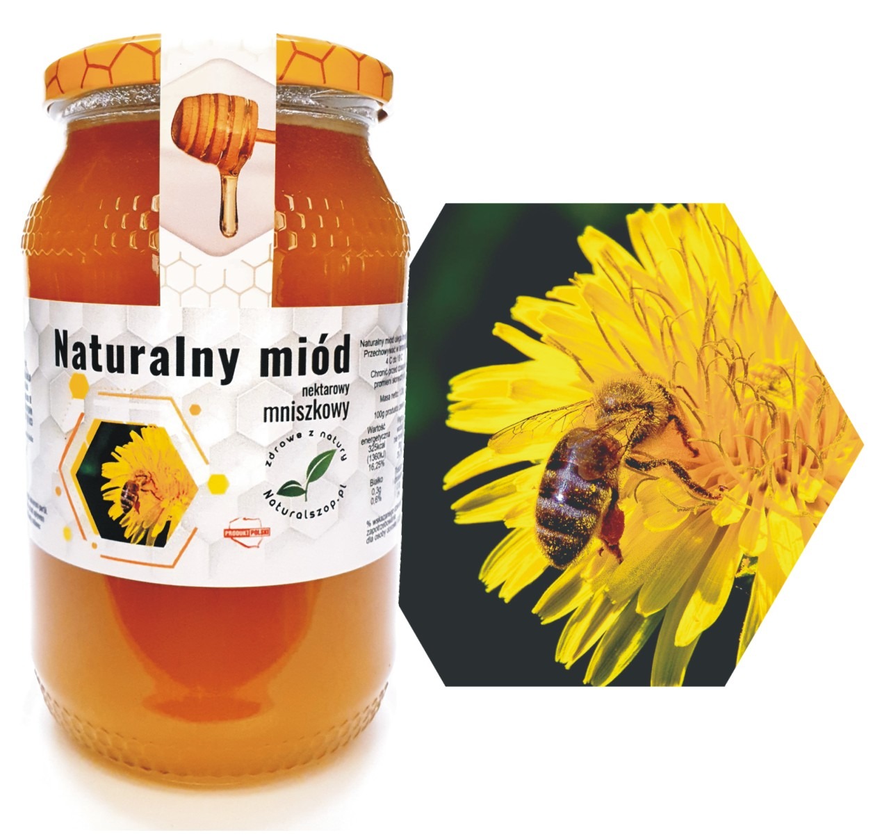 Słoik naturalnego miodu mniszkowego z Anielina, etykieta z motywem pszczoły na kwiatku mniszka, dodatkowo wstawka graficzna z pszczołą na kwiatku mniszka w powiększeniu.