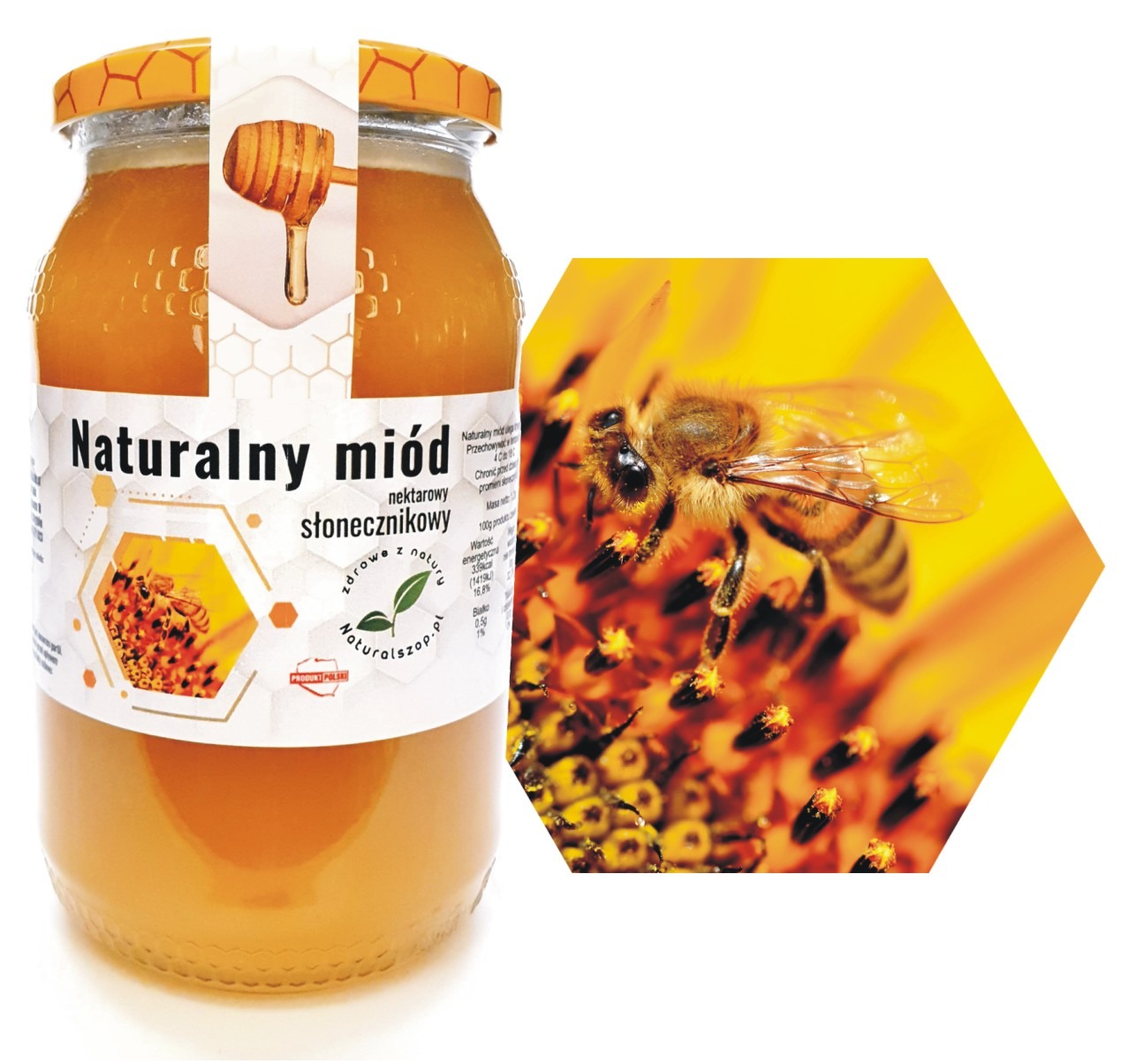 Słoik nektarowego miodu słonecznikowego z etykietą i naklejką 'Produkt Polski' oraz zbliżenie pszczoły zbierającej pyłek na słoneczniku w kształcie plastra miodu.