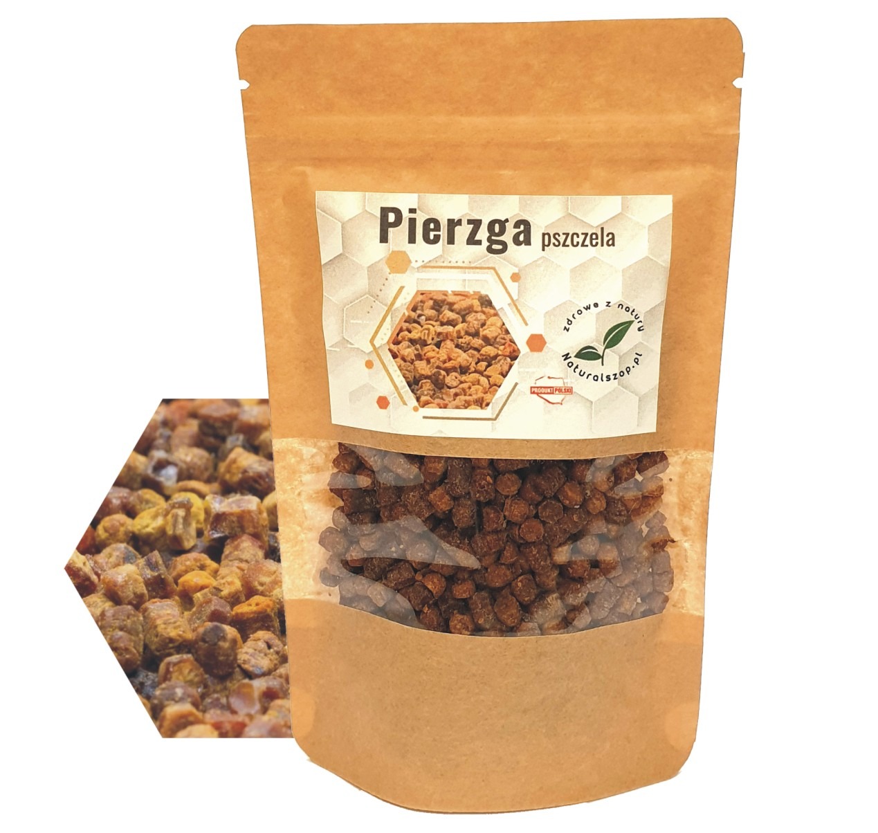 Brązowa torebka doypack z okienkiem, wypełniona pierzgą pszczelą, obok zbliżenie pierzgi w kształcie plastra miodu.