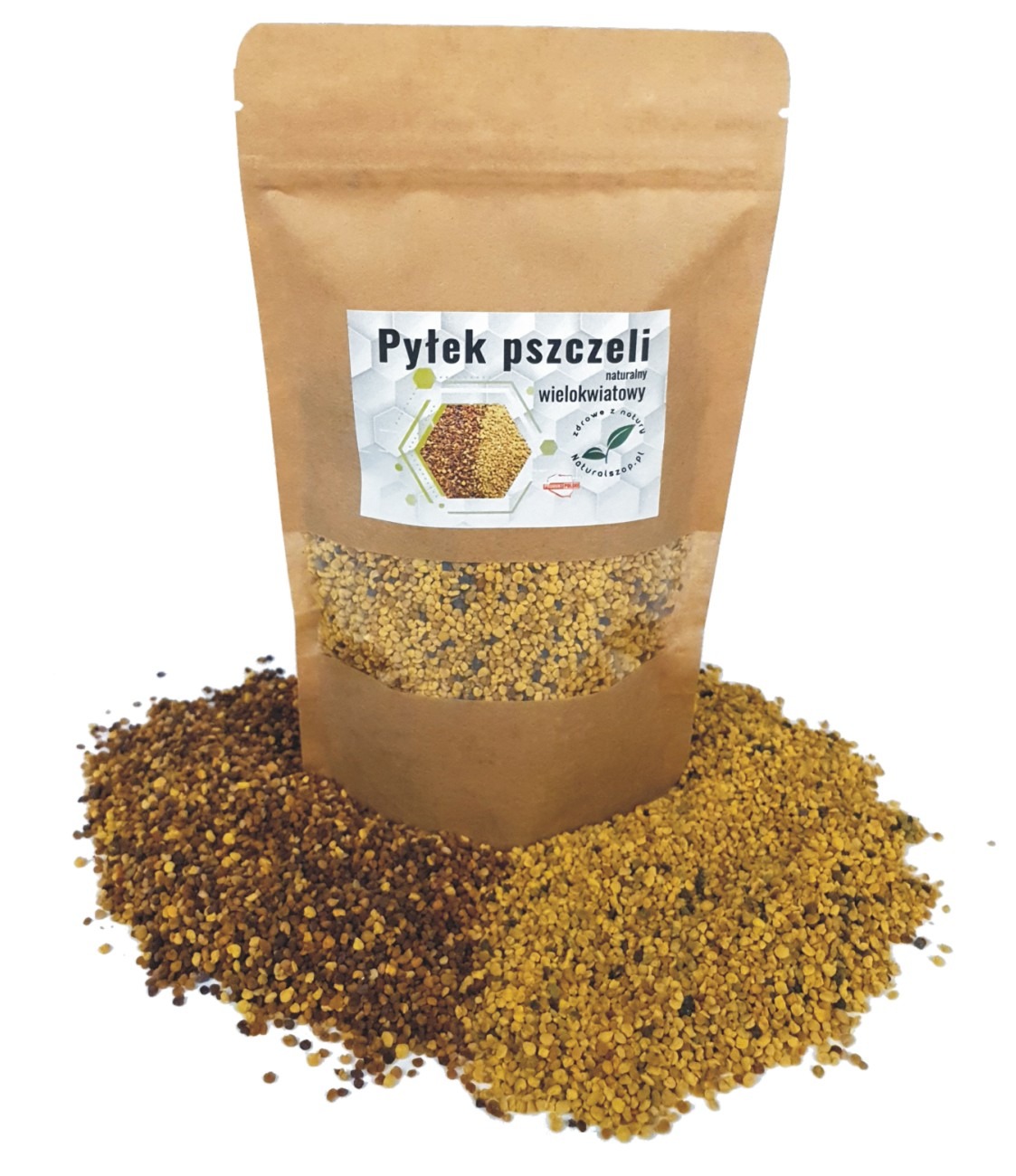 Brązowo-żółty pyłek pszczeli wielokwiatowy w przezroczystym opakowaniu typu doypack z etykietą na białym tle.