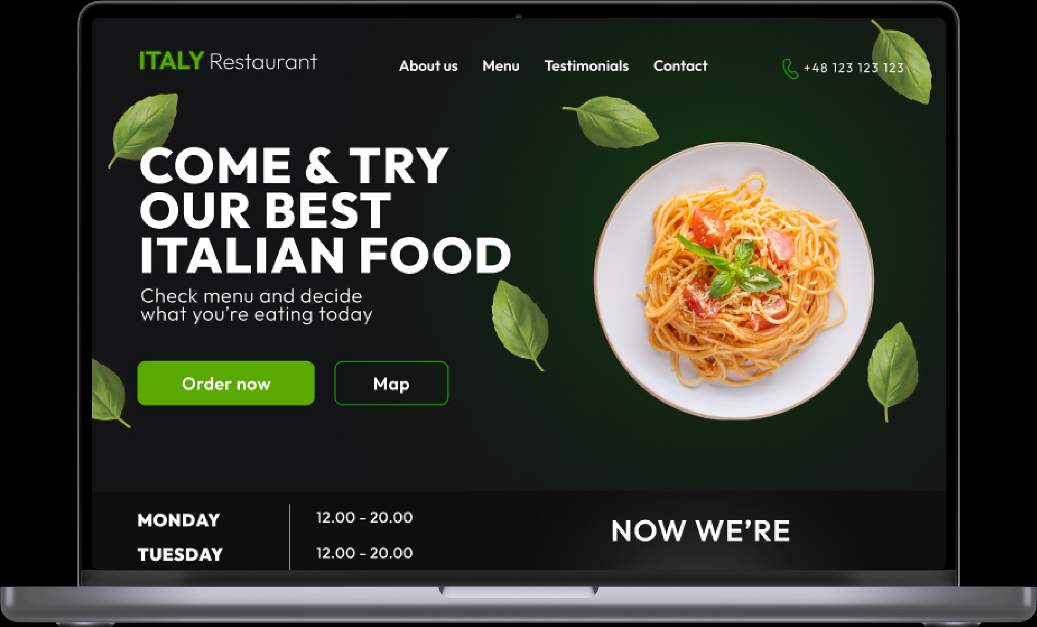 Strona internetowa restauracji włoskiej z daniem spaghetti na talerzu, menu, przyciski zamówienia i mapy oraz informacje kontaktowe w nagłówku, wyświetlana na ekranie laptopa.