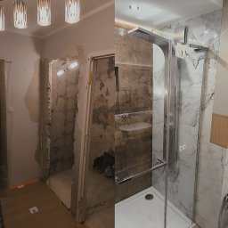 PROFIT Katarzyna Ratajczyk - Remont łazienki: porównanie stanu surowego z wykończoną kabiną prysznicową z marmurowymi płytkami. Widoczne oświetlenie sufitowe i detale wykończenia.