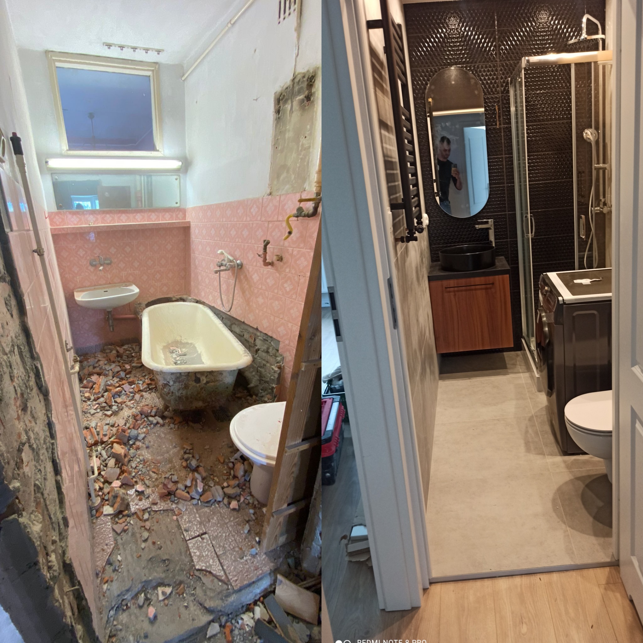 Fotografia przedstawia metamorfozę łazienki: po lewej stronie widoczny stan przed remontem z różowymi płytkami, gruzem i starą wanną; po prawej stronie nowoczesna łazienka z czarnymi płytkami...