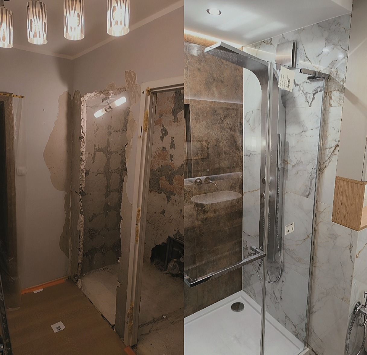 Remont łazienki: porównanie stanu surowego z wykończoną kabiną prysznicową z marmurowymi płytkami. Widoczne oświetlenie sufitowe i detale wykończenia.