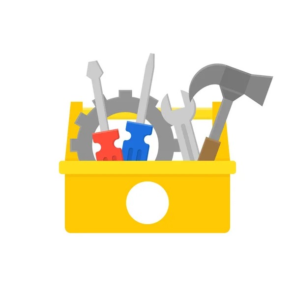 Żółta skrzynka z narzędziami: śrubokręty z czerwonym i niebieskim uchwytem, klucz płaski, młotek i zębata przekładnia.