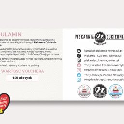 eaasn.pl - Voucher o wartości 150 złotych na wyroby cukiernicze w Piekarni-Cukierni Nowaczyk, z regulaminem i logo firmy, z elementami graficznymi Wielkiej Orkiestry Świątecznej Pomocy.