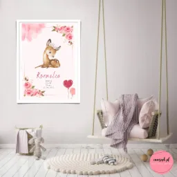 Ilustracja akwarelowa sarenki w ramce, z imieniem Kornelia i datą urodzenia, otoczona kwiatami i balonami, w pokoju dziecięcym z huśtawką i dekoracjami.