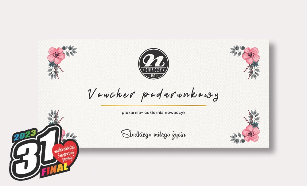 Wzór vouchera podarunkowego piekarni-cukierni Nowaczyk z logo firmy, motywami kwiatowymi w rogach i naklejką WOŚP 2023.