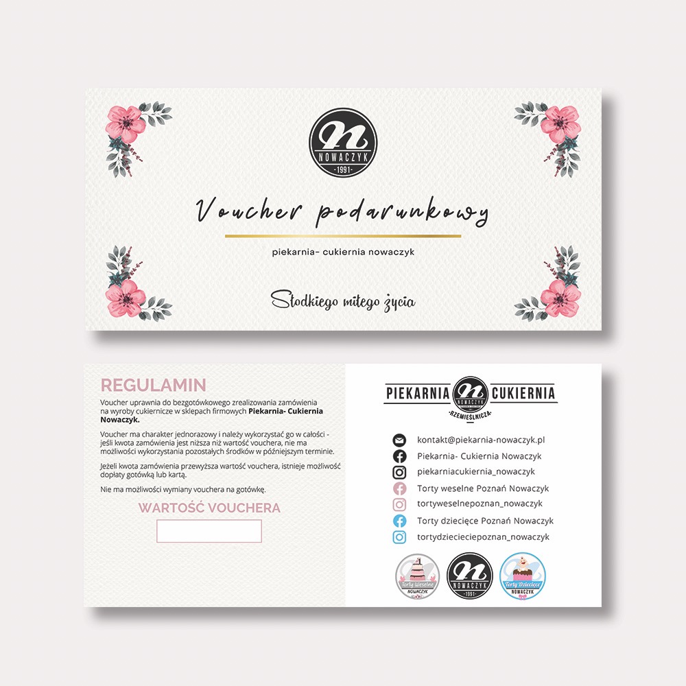 Projekt graficzny vouchera podarunkowego piekarni-cukierni Nowaczyk z motywem kwiatowym, zawierający regulamin i dane kontaktowe.