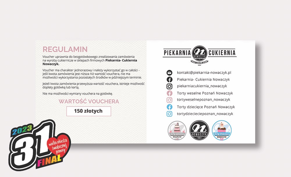 Voucher o wartości 150 złotych na wyroby cukiernicze w Piekarni-Cukierni Nowaczyk, z regulaminem i logo firmy, z elementami graficznymi Wielkiej Orkiestry Świątecznej Pomocy.