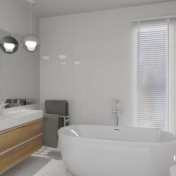 Innova Studio - Wizualizacja nowoczesnej łazienki z wolnostojącą wanną, umywalką nablatową na drewnianej szafce, białymi płytkami i okrągłymi lampami wiszącymi.