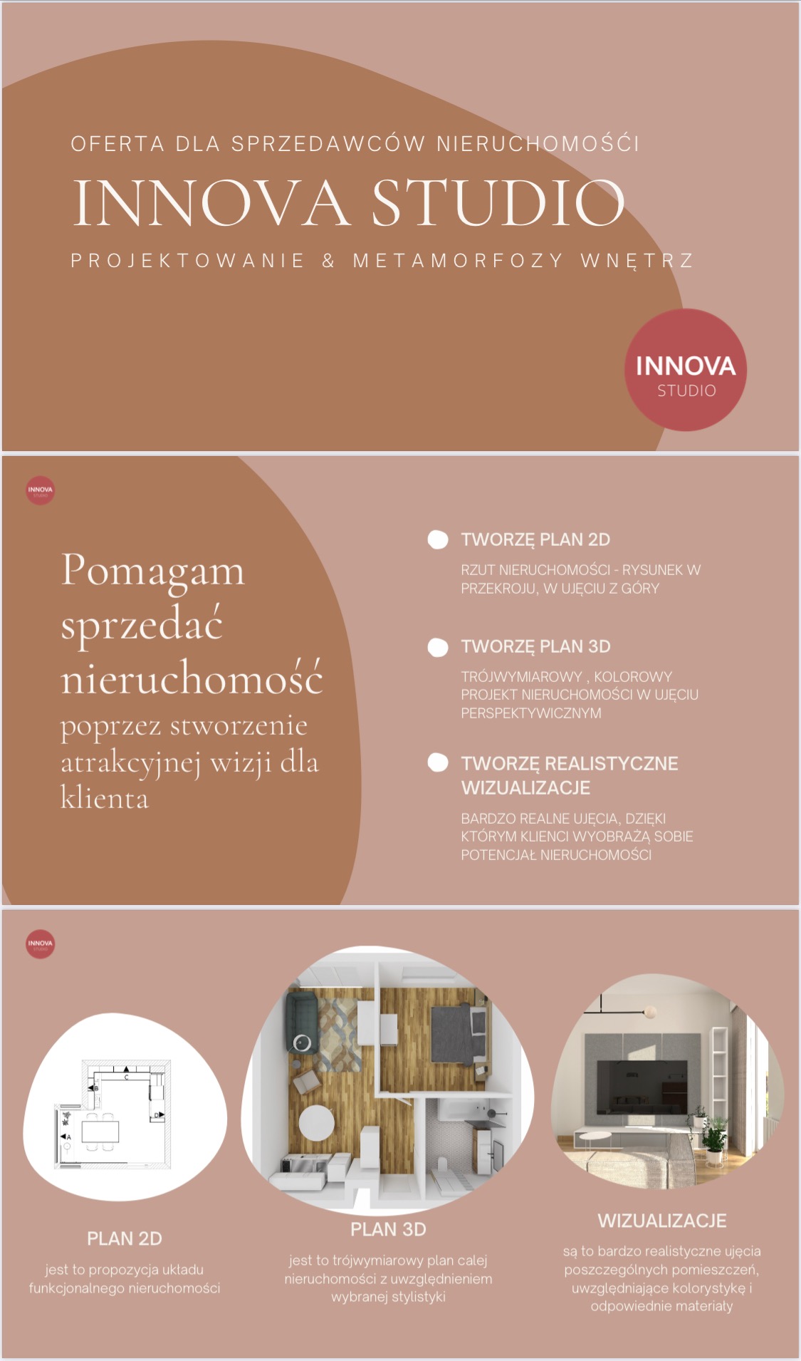 Oferta Innova Studio dla sprzedawców nieruchomości: projektowanie i metamorfozy wnętrz, plany 2D, 3D i realistyczne wizualizacje.