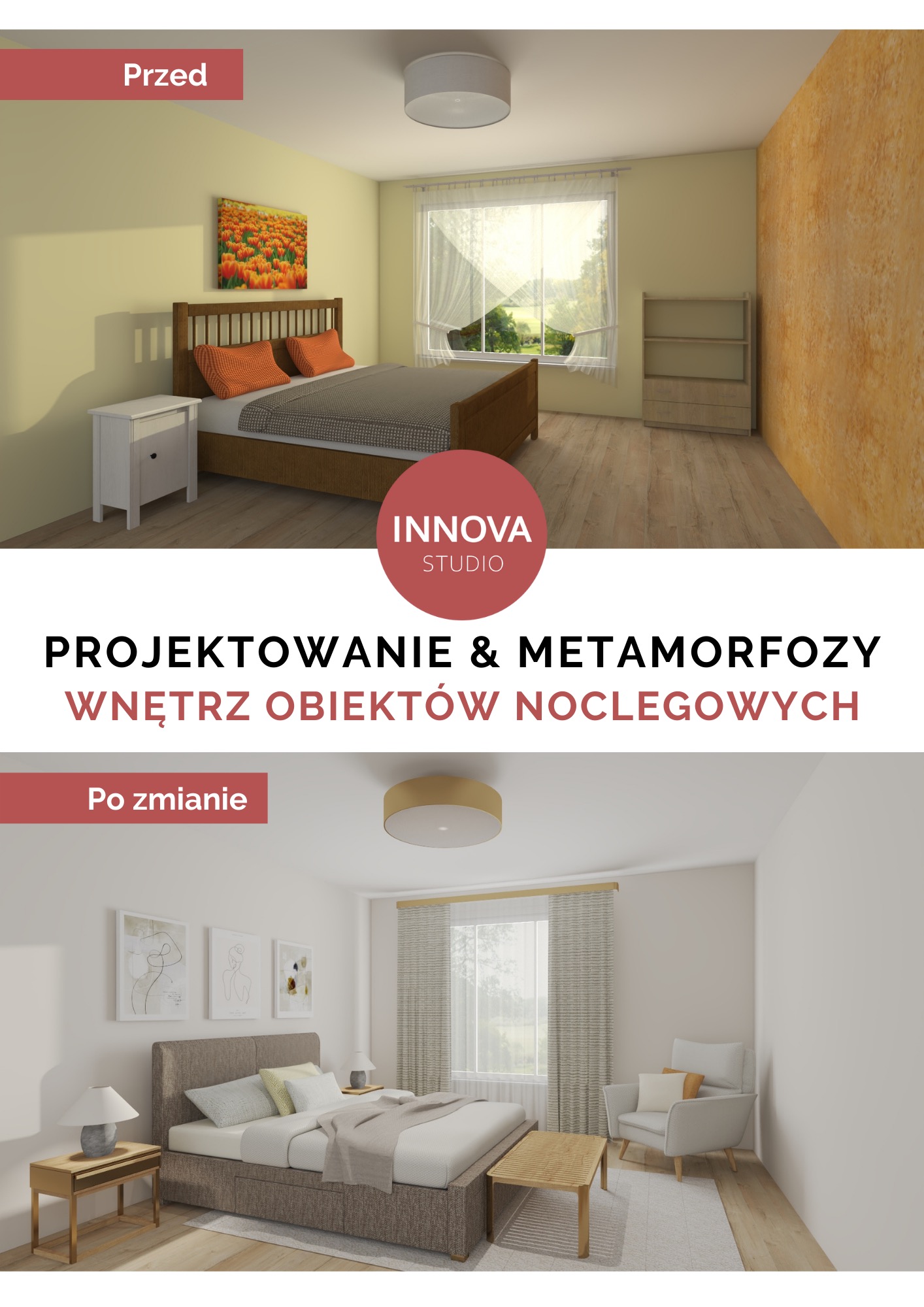 Porównanie wizualizacji sypialni przed i po zmianach: od ścian w odcieniach żółci i pomarańczy, drewnianego łóżka z pomarańczowymi poduszkami, do sypialni w stonowanych barwach z beżowym łóżkiem...