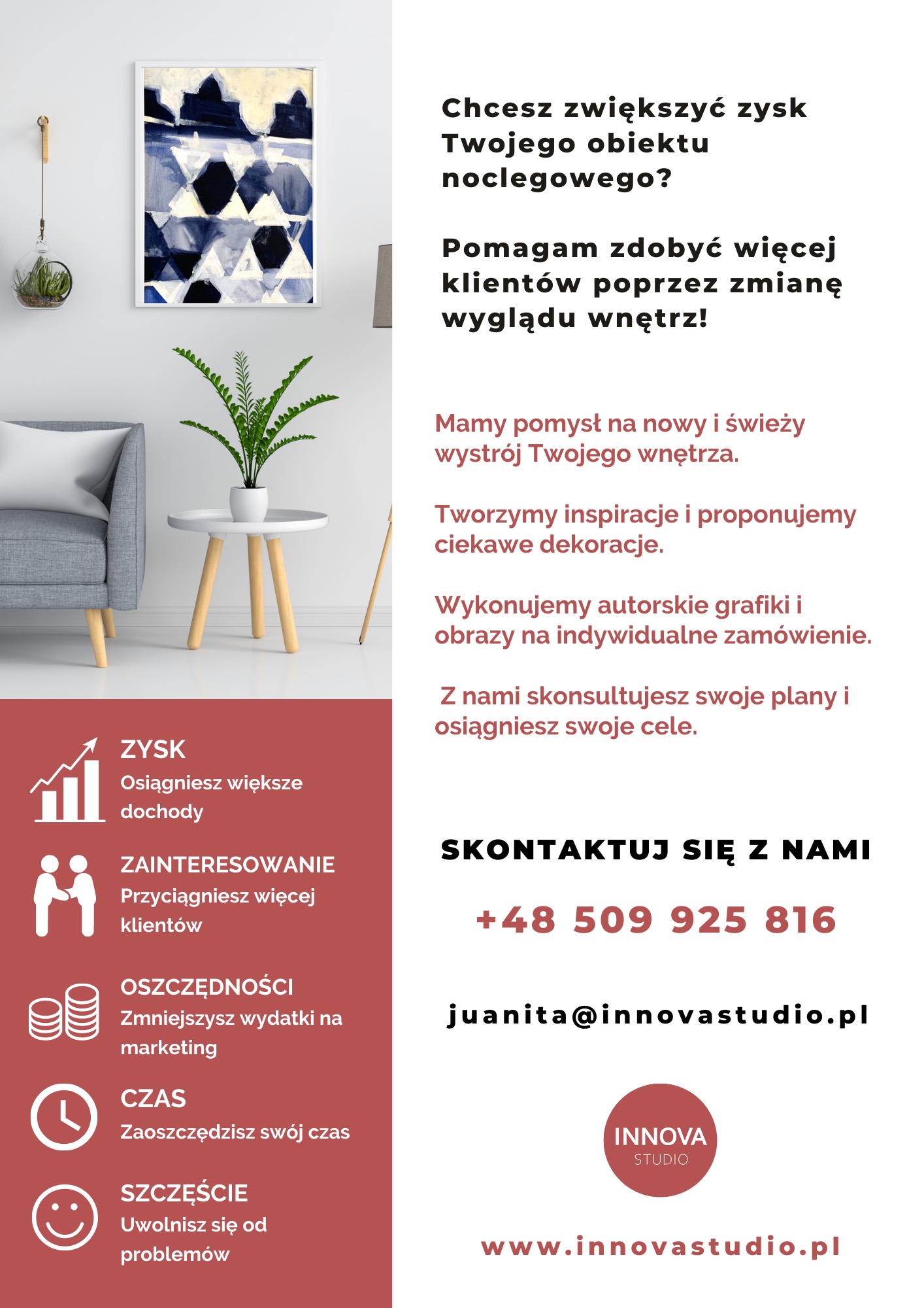 Grafika reklamowa studia projektowania wnętrz: abstrakcyjny obraz w ramie, roślina doniczkowa na stoliku, fragment sofy i tekst reklamowy.