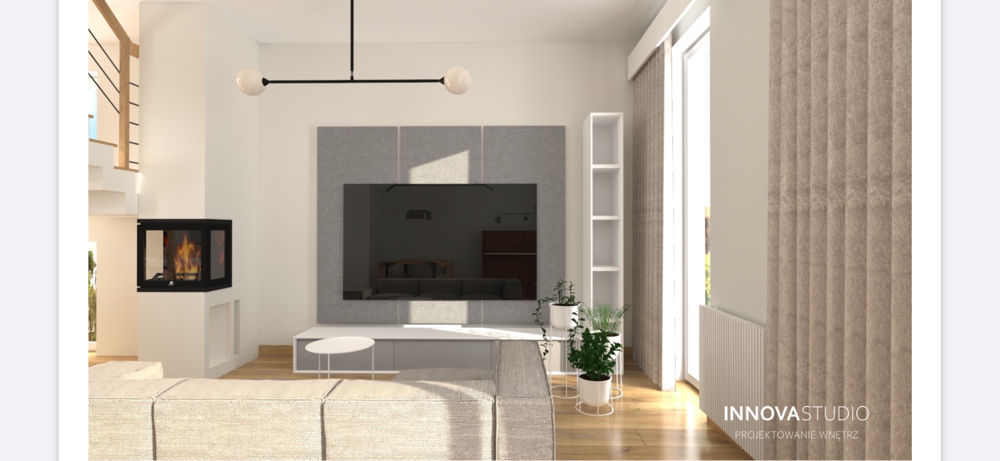 Wizualizacja salonu w stylu minimalistycznym z kominkiem, telewizorem w obudowie z szarego kamienia, lampą sufitową z dwoma białymi kulami i beżową sofą modułową.