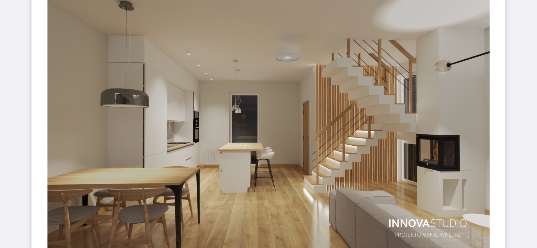 Wizualizacja przestronnego wnętrza z drewnianą podłogą, białymi meblami kuchennymi, wyspą, stołem z krzesłami, schodami z podświetleniem LED i kominkiem, prezentująca nowoczesny styl.