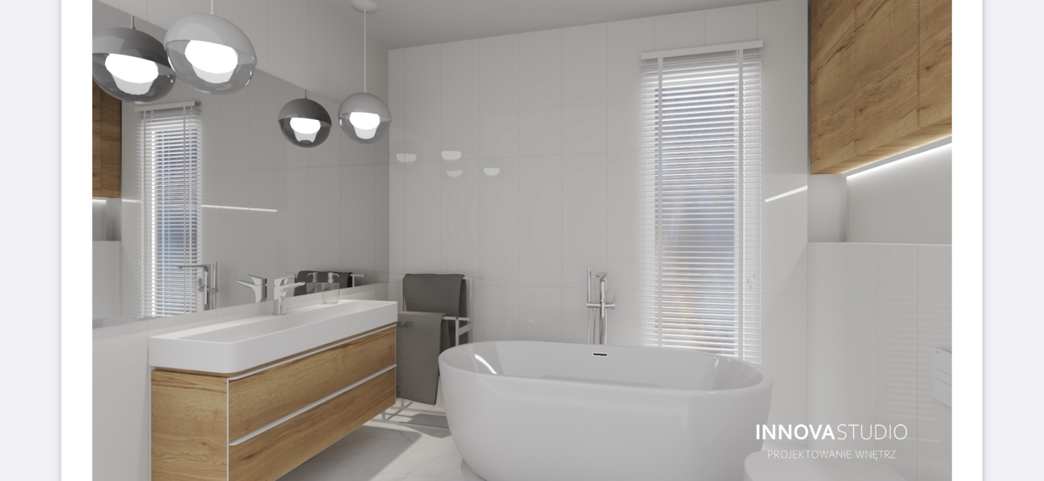 Wizualizacja nowoczesnej łazienki z wolnostojącą wanną, umywalką nablatową na drewnianej szafce, białymi płytkami i okrągłymi lampami wiszącymi.